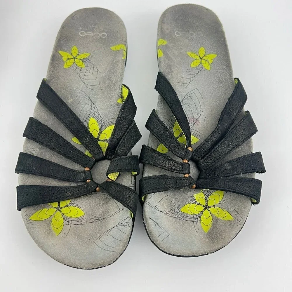 Abeo Sandals Womens 8 N‎ Farren Strappy Slides Black Leather Open Toe Floral